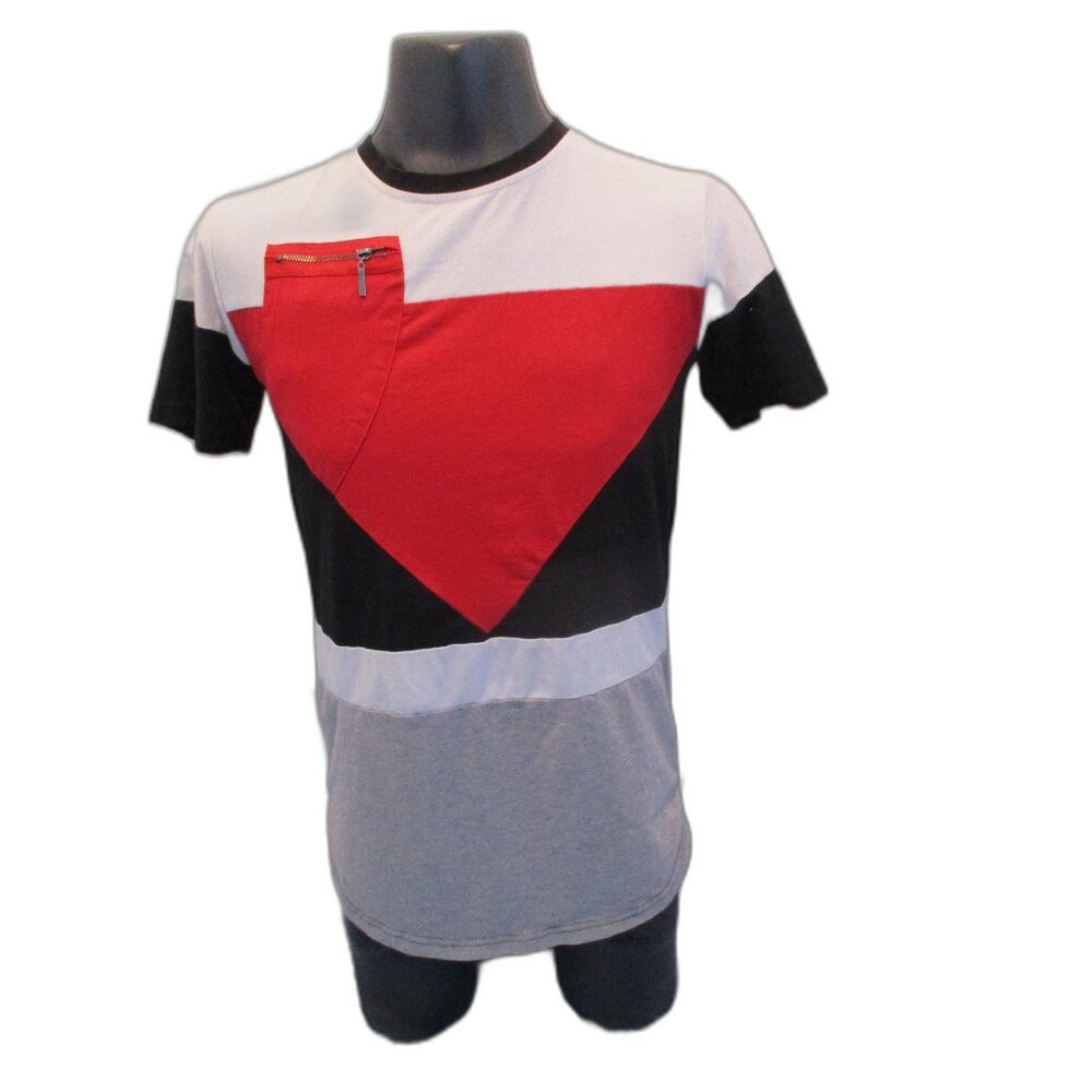 Bold Geometric Colorblock Tee with Red Zipper Pocket 🔺🖤🤍